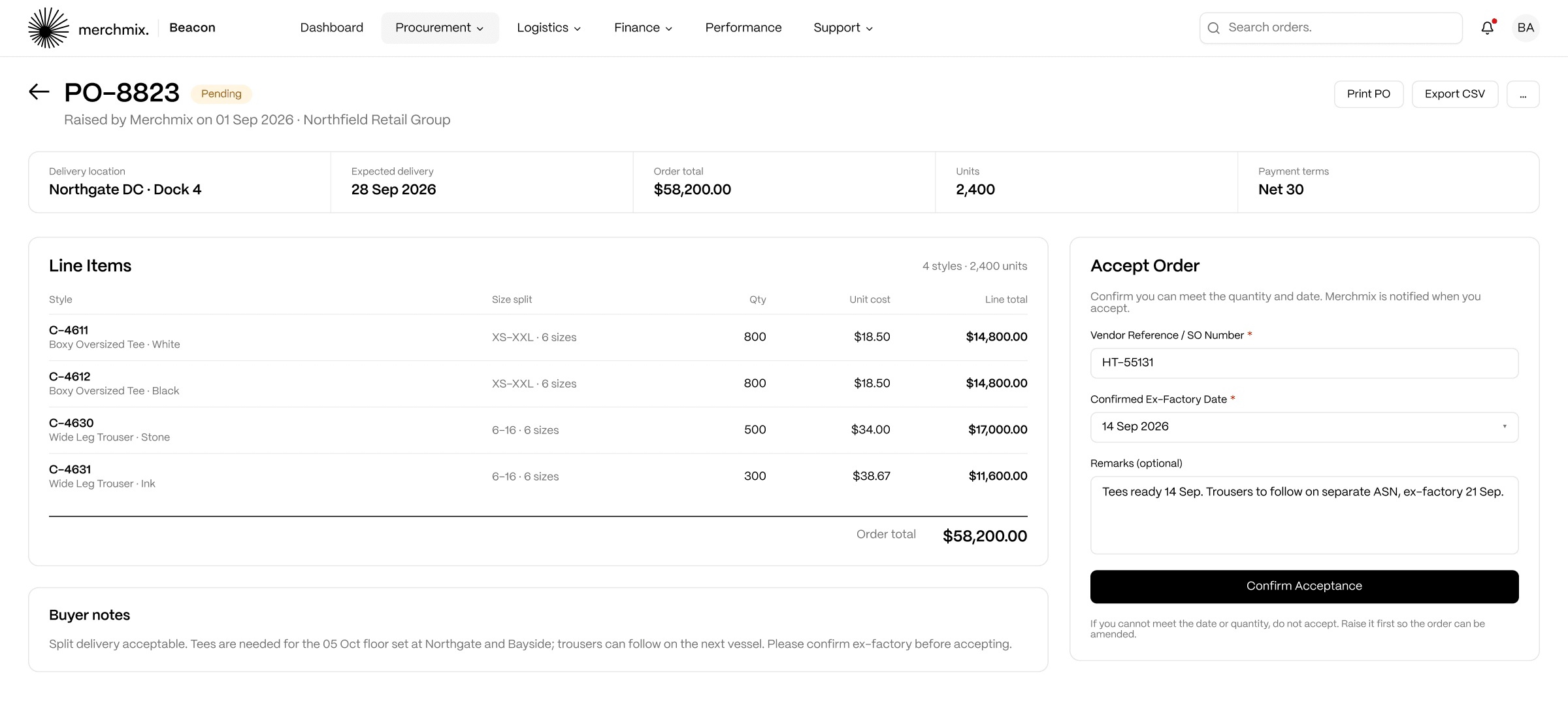 Beacon purchase order detail with the Accept Order panel