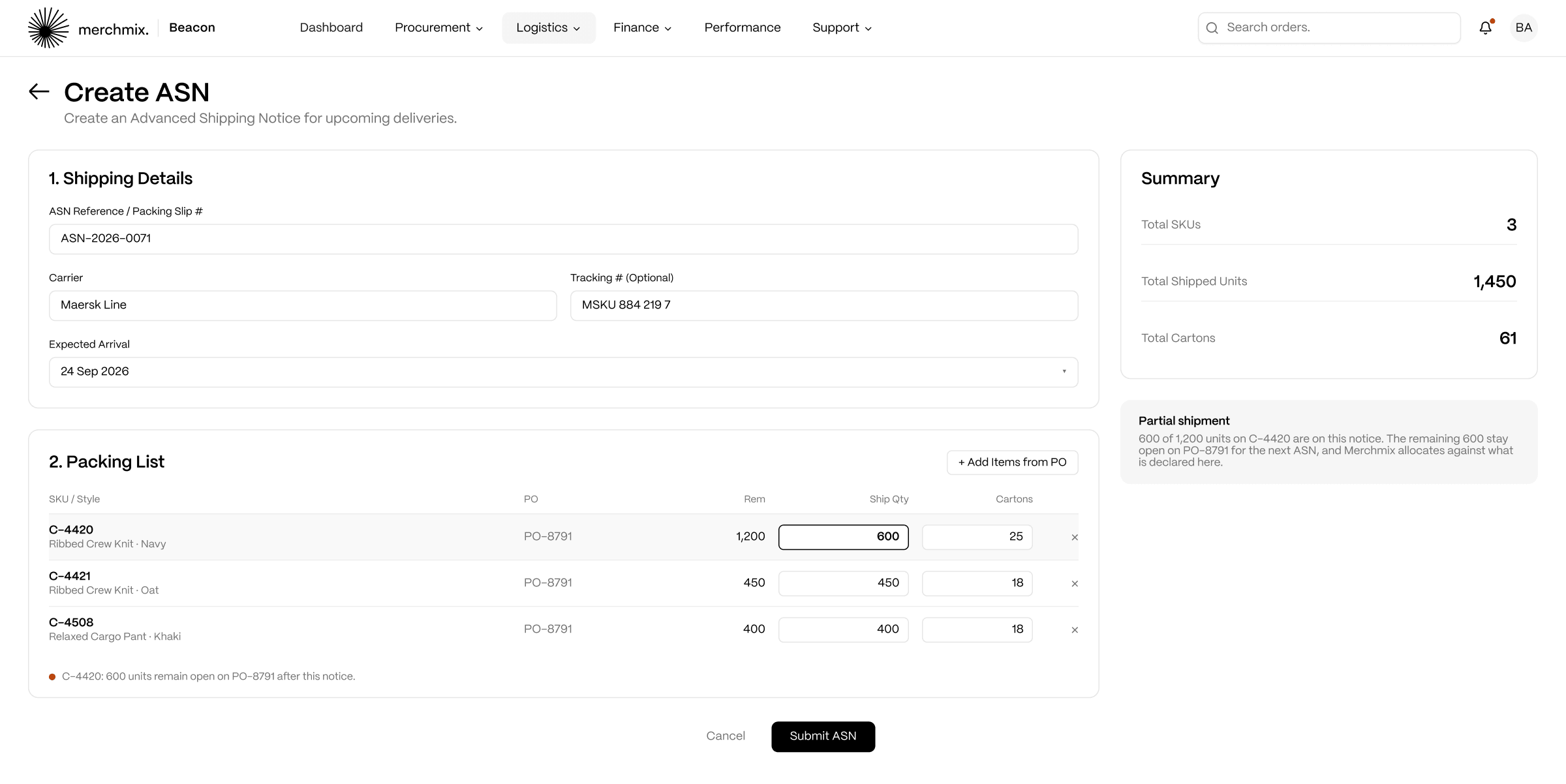 Beacon Create ASN screen showing a partial shipment: 600 of 1,200 units declared on a purchase order line