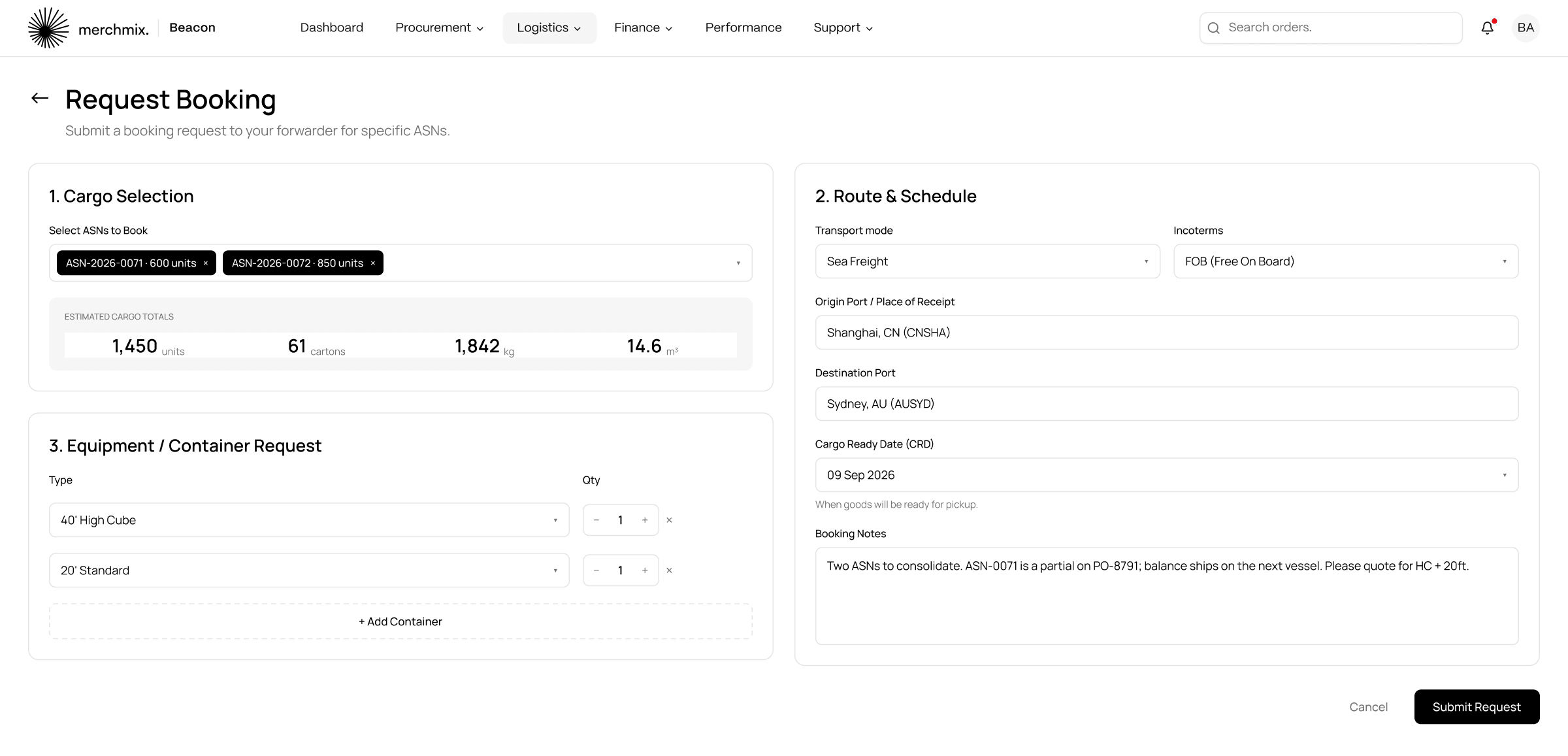 Beacon freight booking request with two ASNs, route and container rows