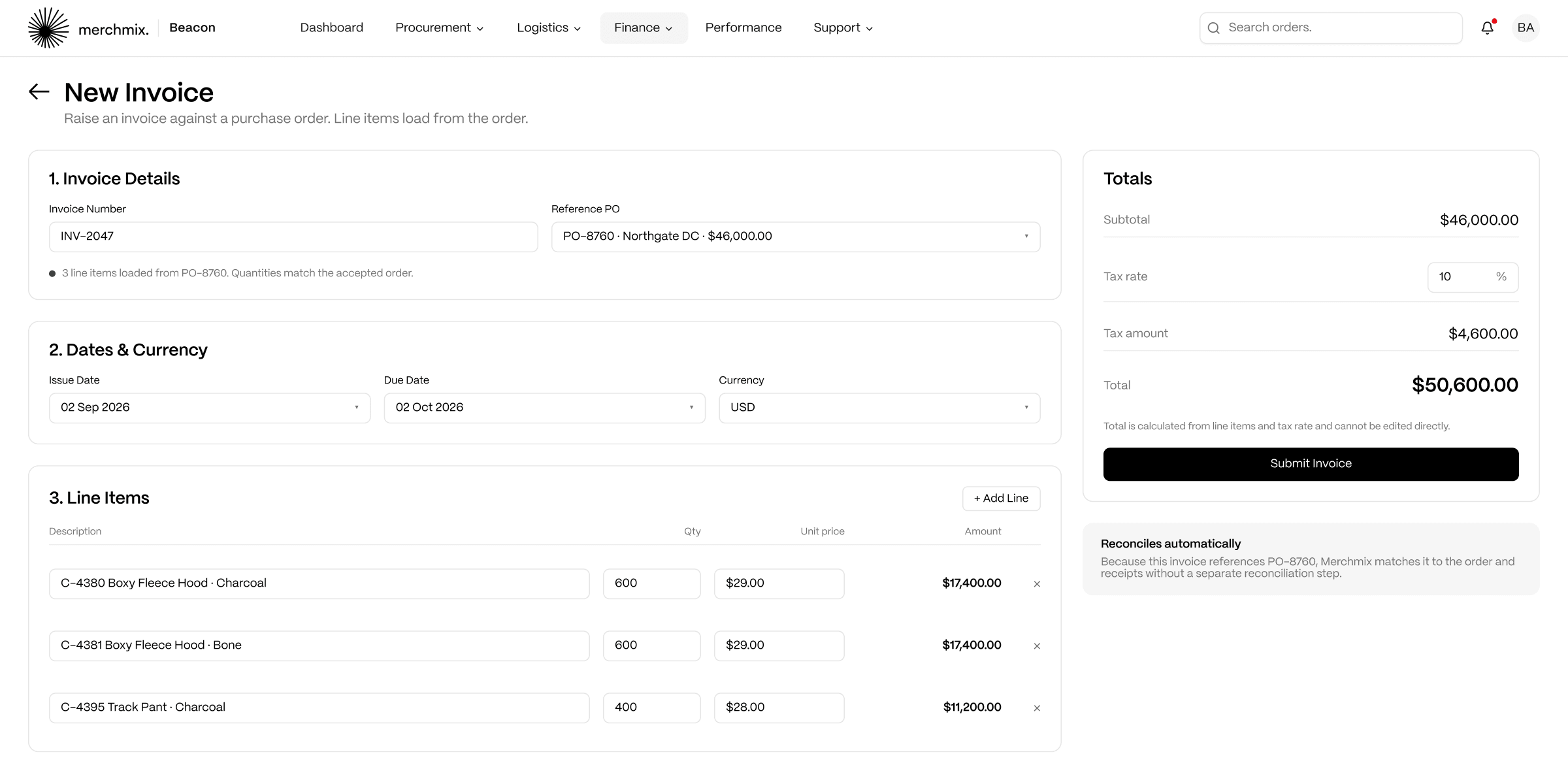 Beacon new invoice with line items loaded from the purchase order and calculated totals
