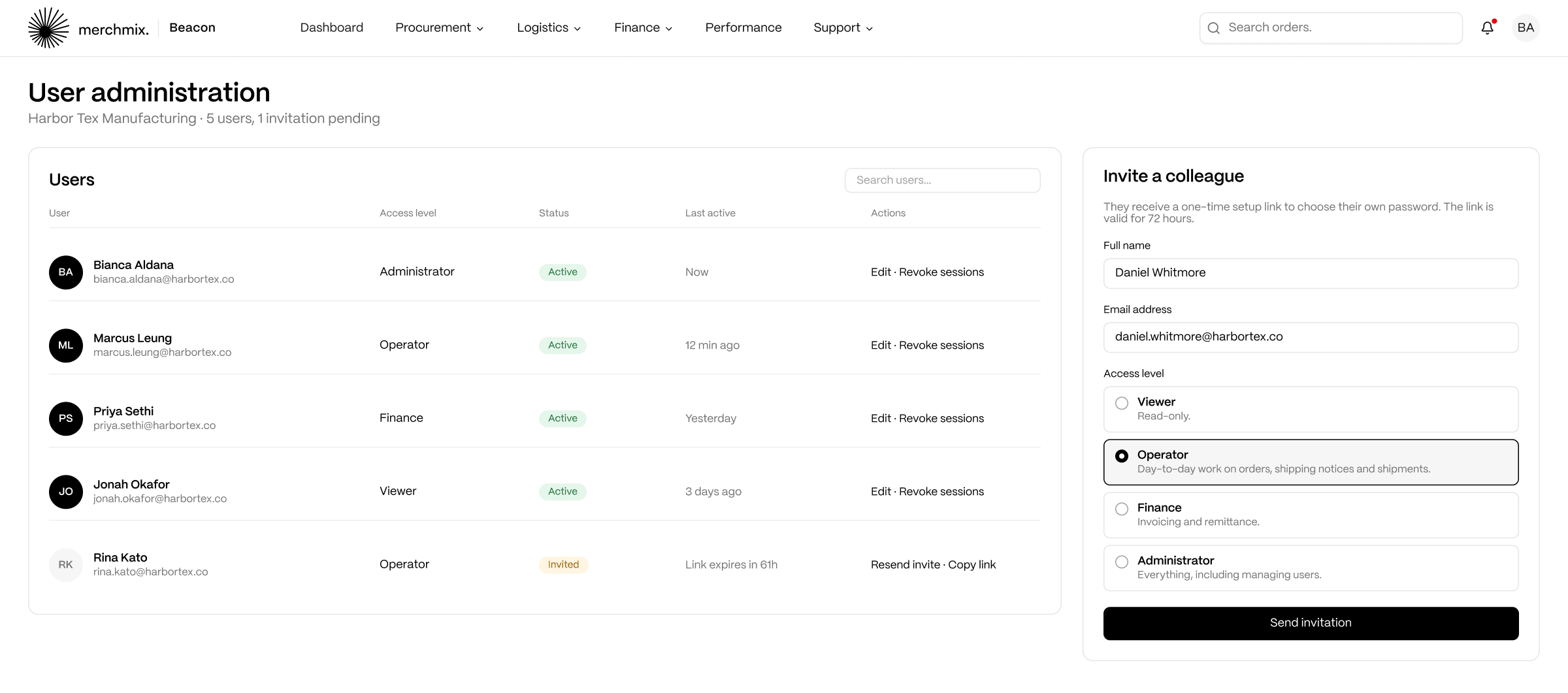 Beacon user administration with four access levels and an invitation panel