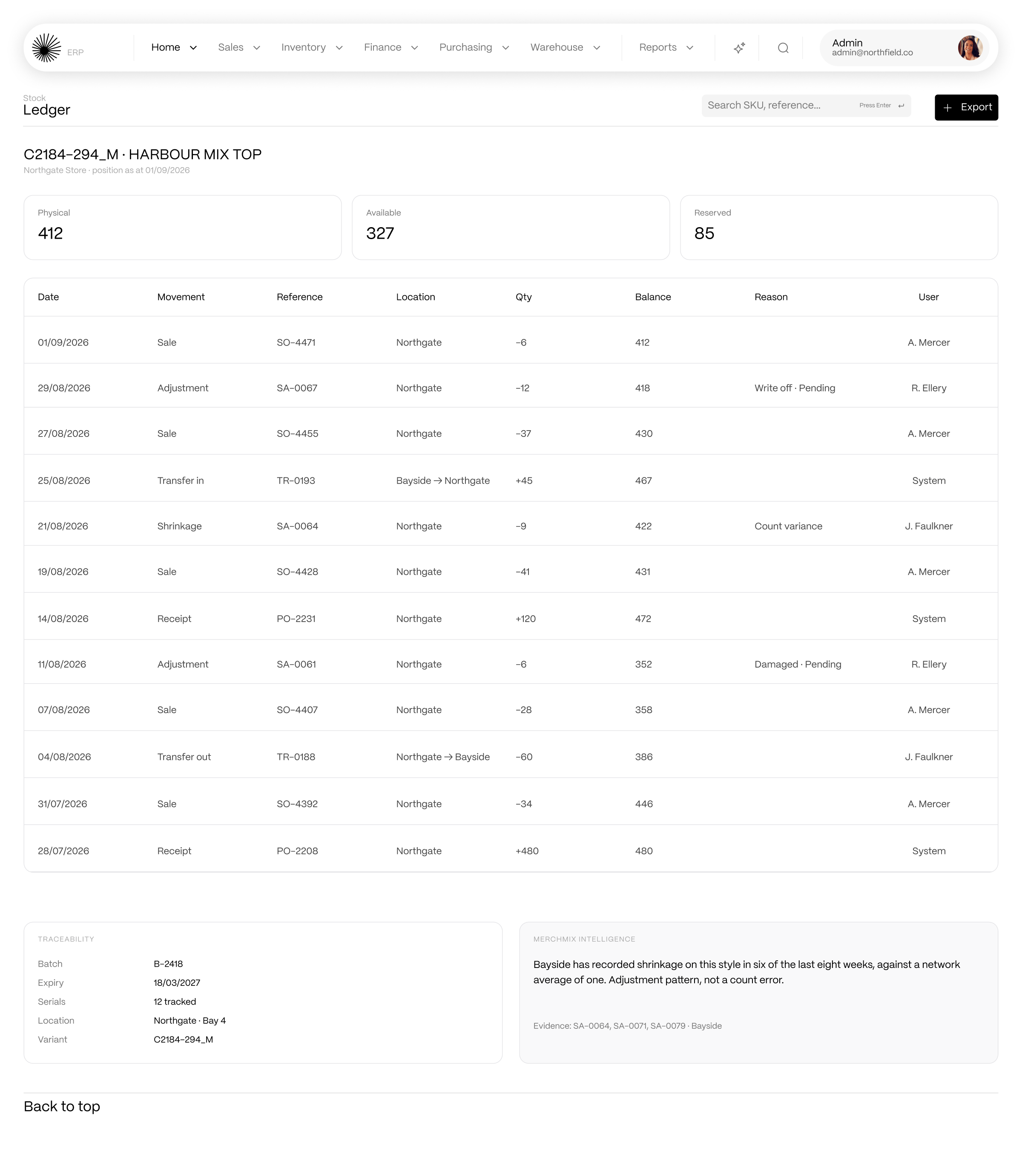 Stock ledger showing every inventory movement with a running balance in Horizon ERP