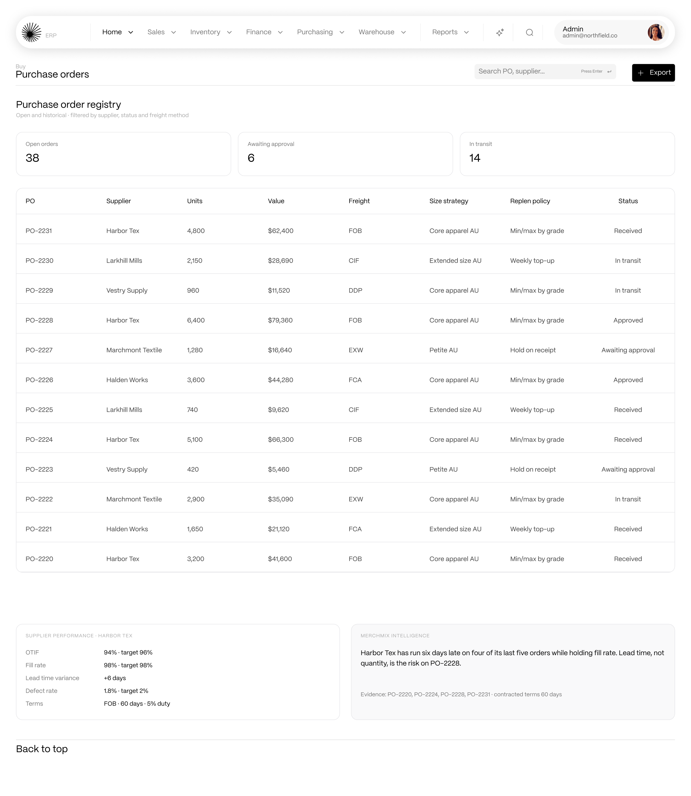 Purchase order registry with size strategy and replenishment policy on each order in Horizon ERP