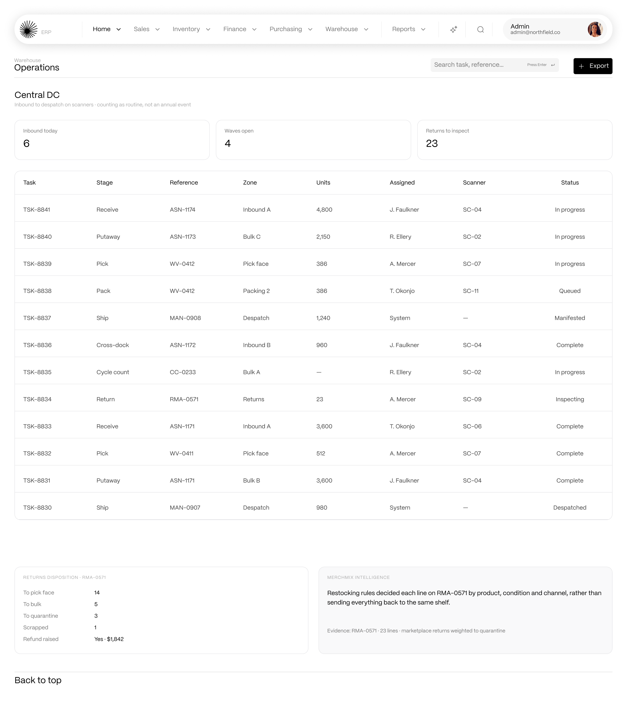 Warehouse tasks from inbound receipt through to despatch in Horizon ERP