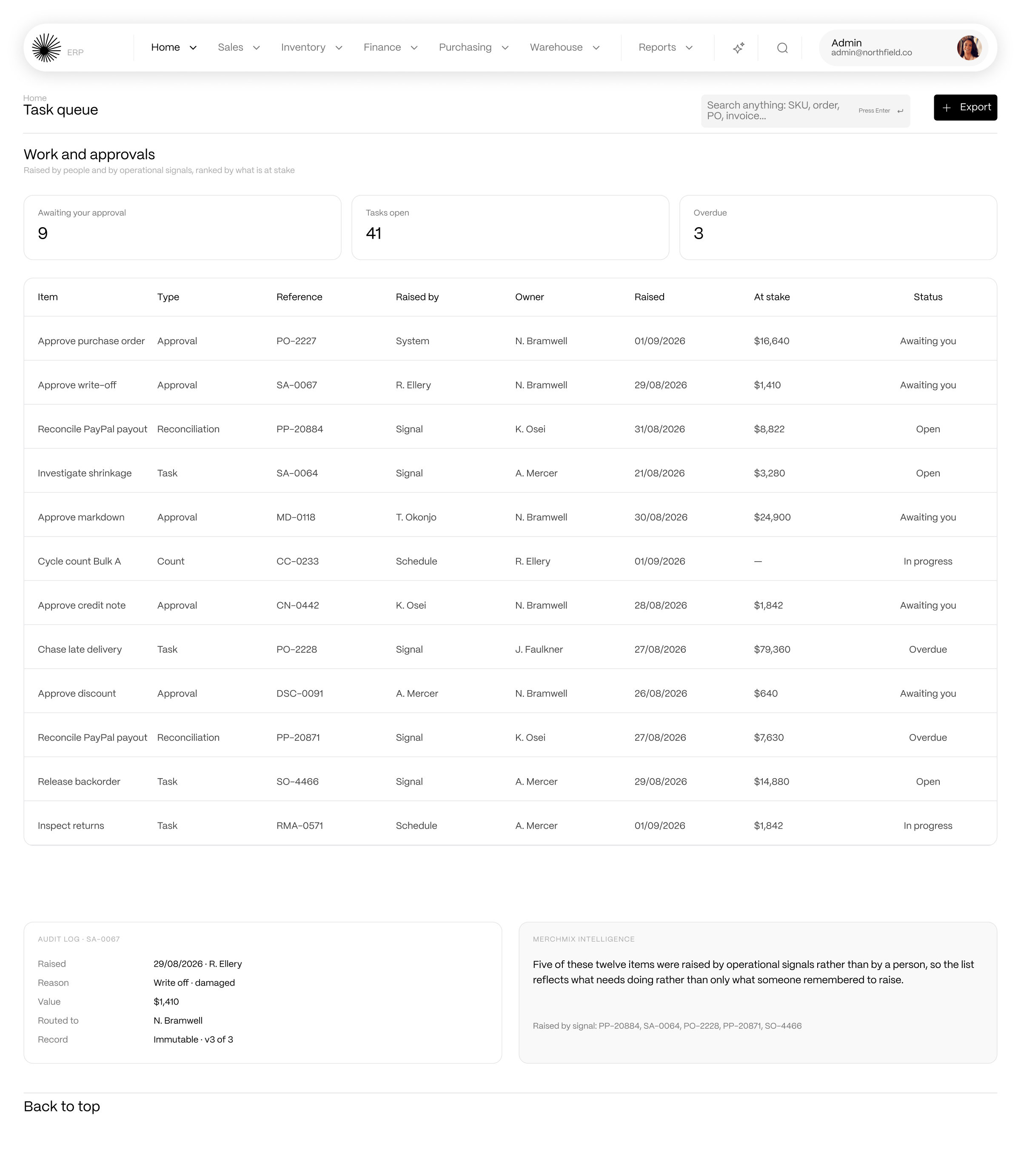 Task queue and approvals inbox with an immutable audit log in Horizon ERP