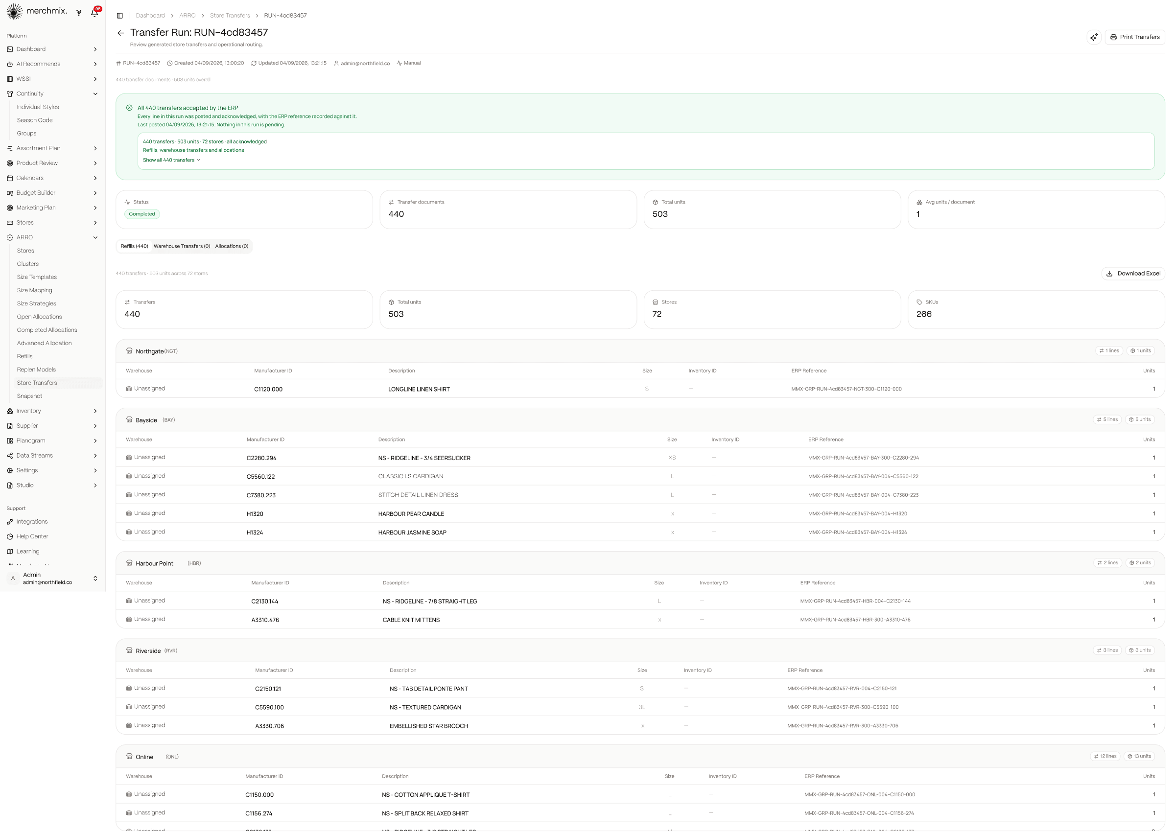 Merchmix transfer run detail showing every store transfer line with the reference the ERP acknowledged