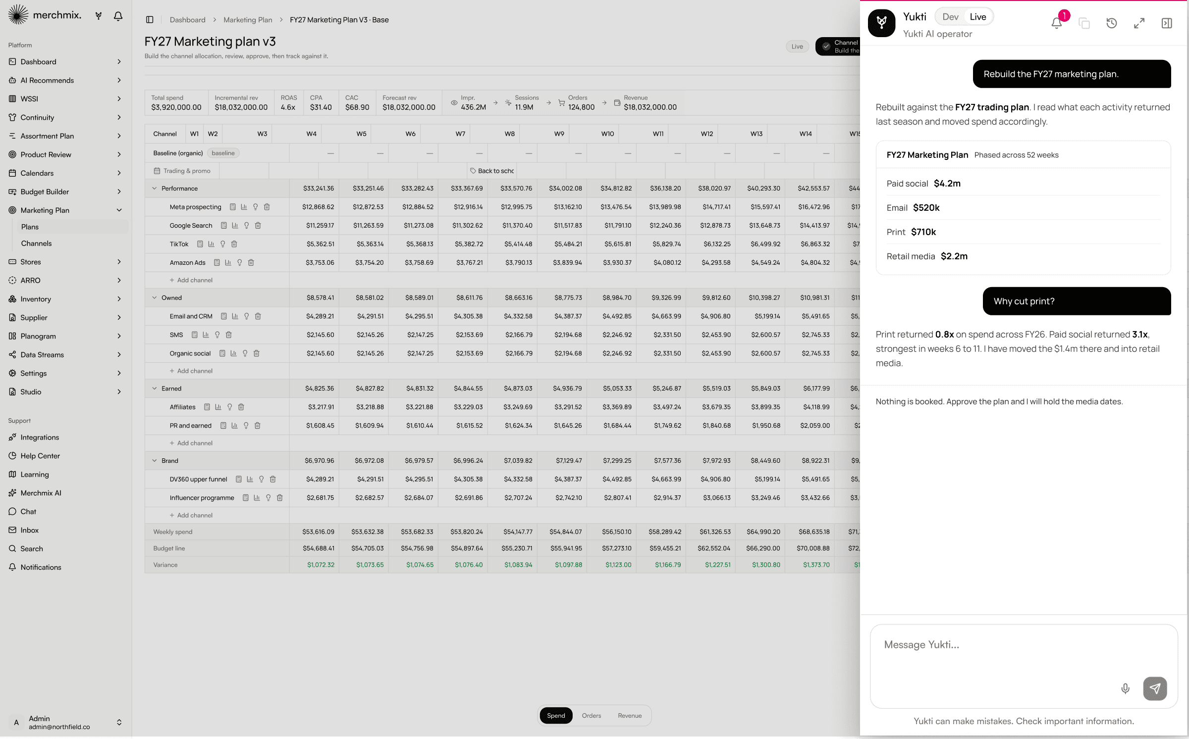 Yukti rebuilding the FY27 marketing plan, showing channel spend moves and the return figures behind them.