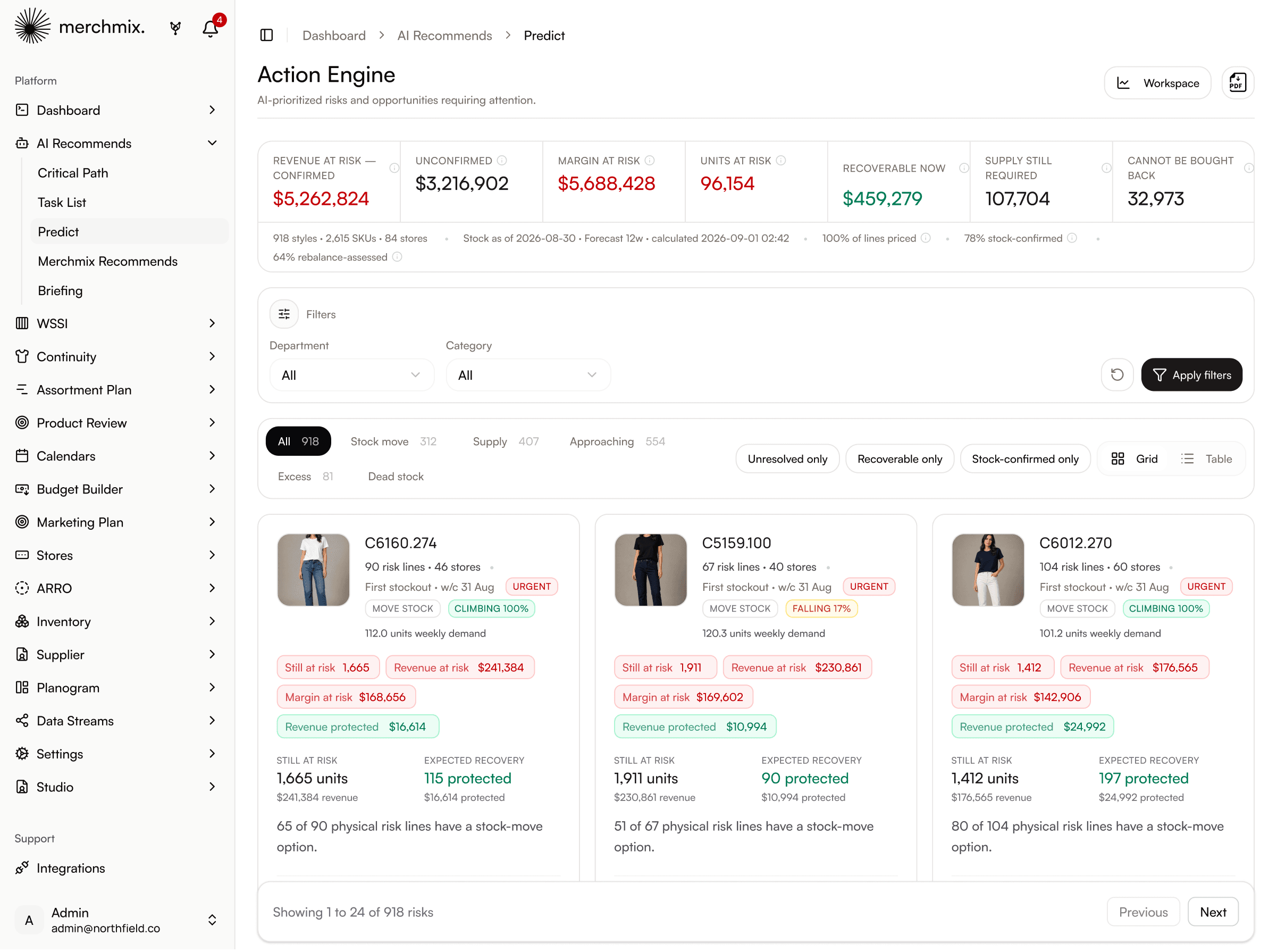 The Merchmix action engine showing prioritised stockout risks with revenue at risk, margin at risk and recoverable value for each style.