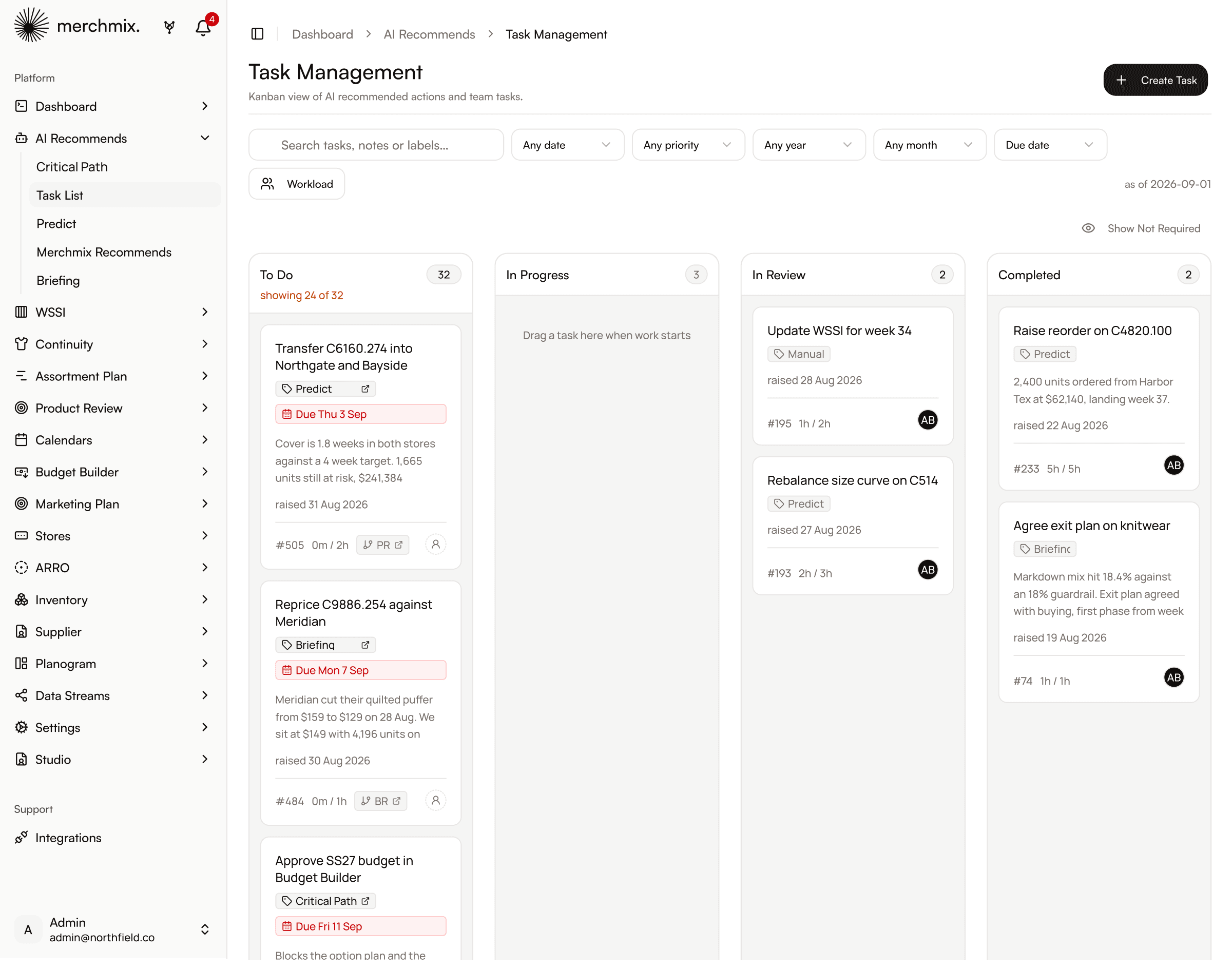 The Merchmix task board showing work raised from Predict, Briefing and Critical Path, each with an owner, a due date and the reason it was raised.