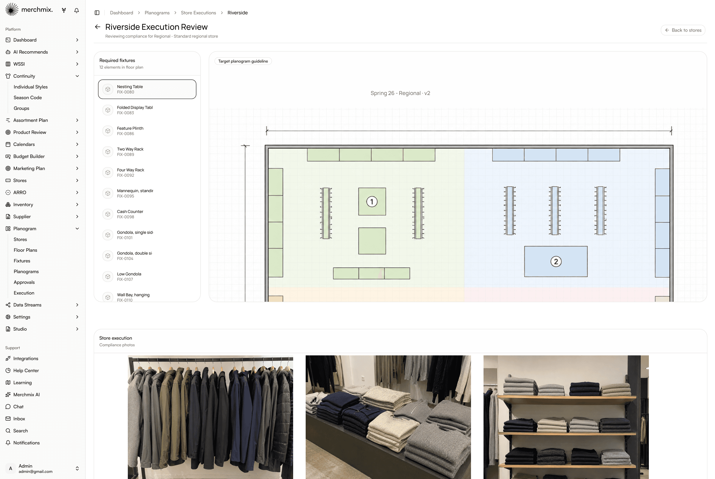 Store execution review showing the required fixtures, the target planogram guideline and store compliance photos