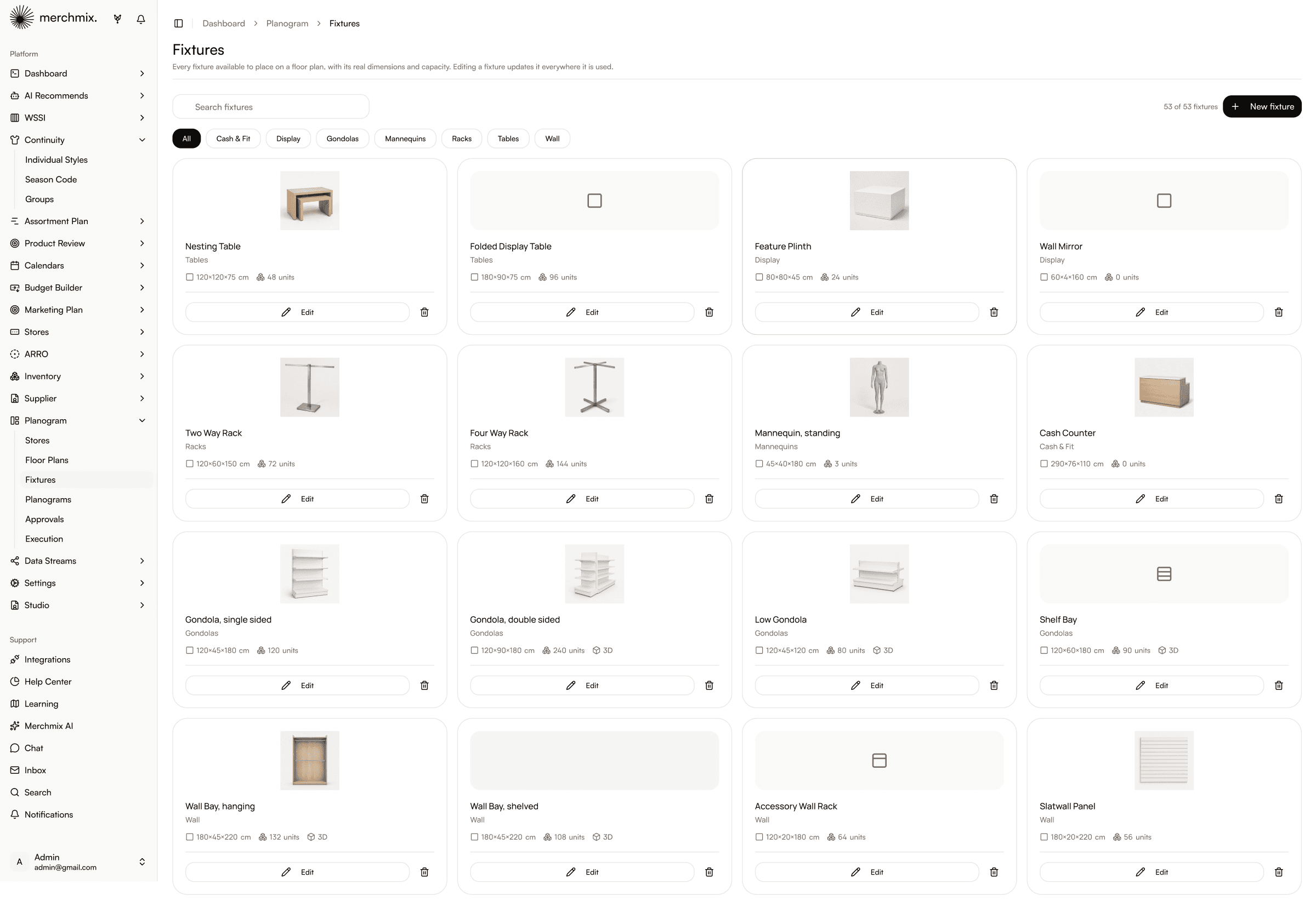 Central fixture library with real dimensions and unit capacity for every fixture