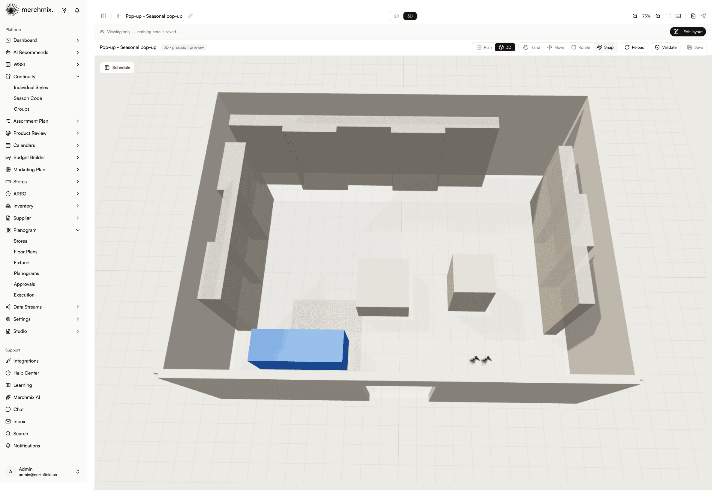 Store layout viewed in 3D, showing walls, zones and fixtures placed on the floor plan