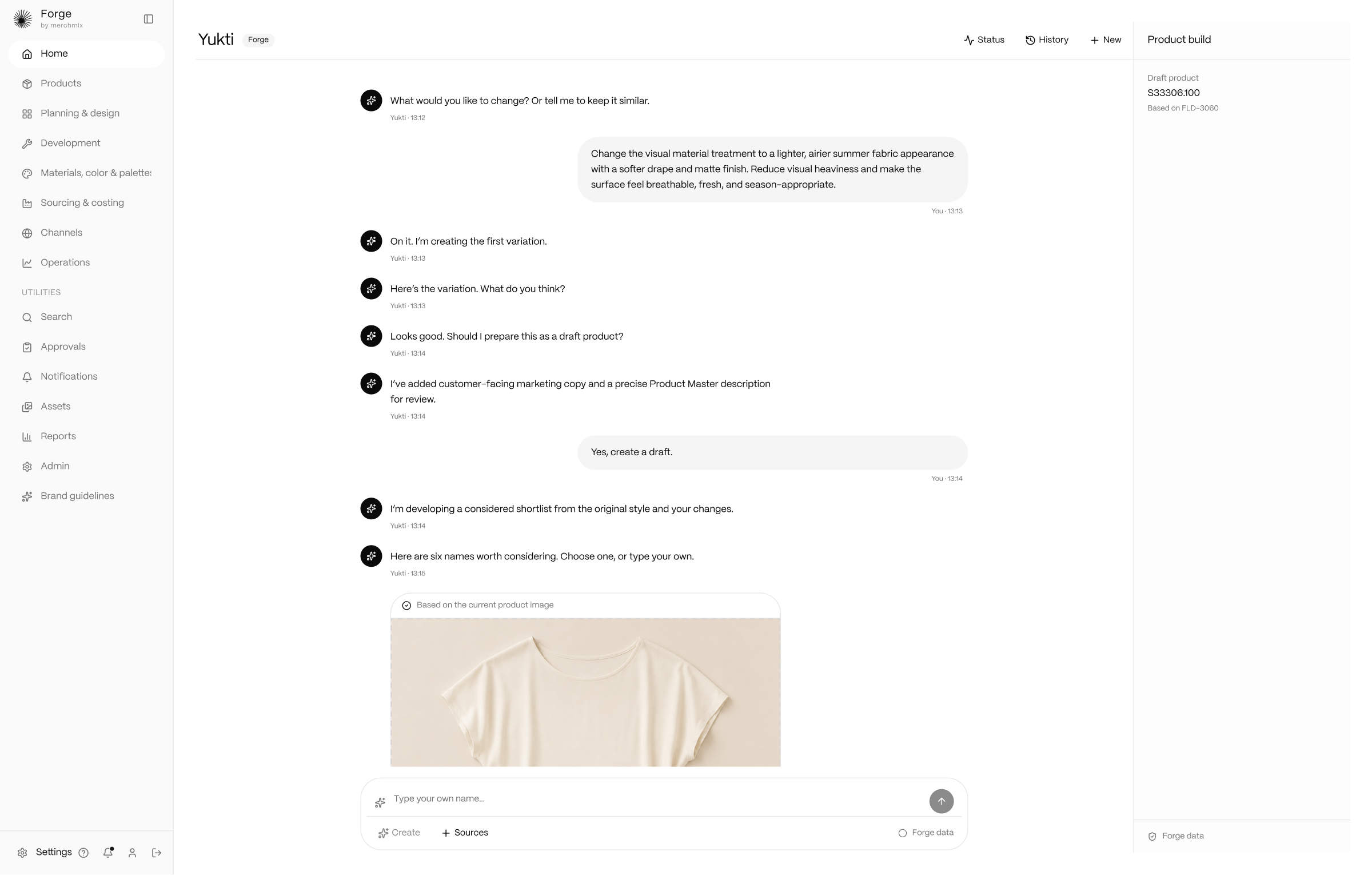 Yukti evolving a product style and proposing names for approval in Forge