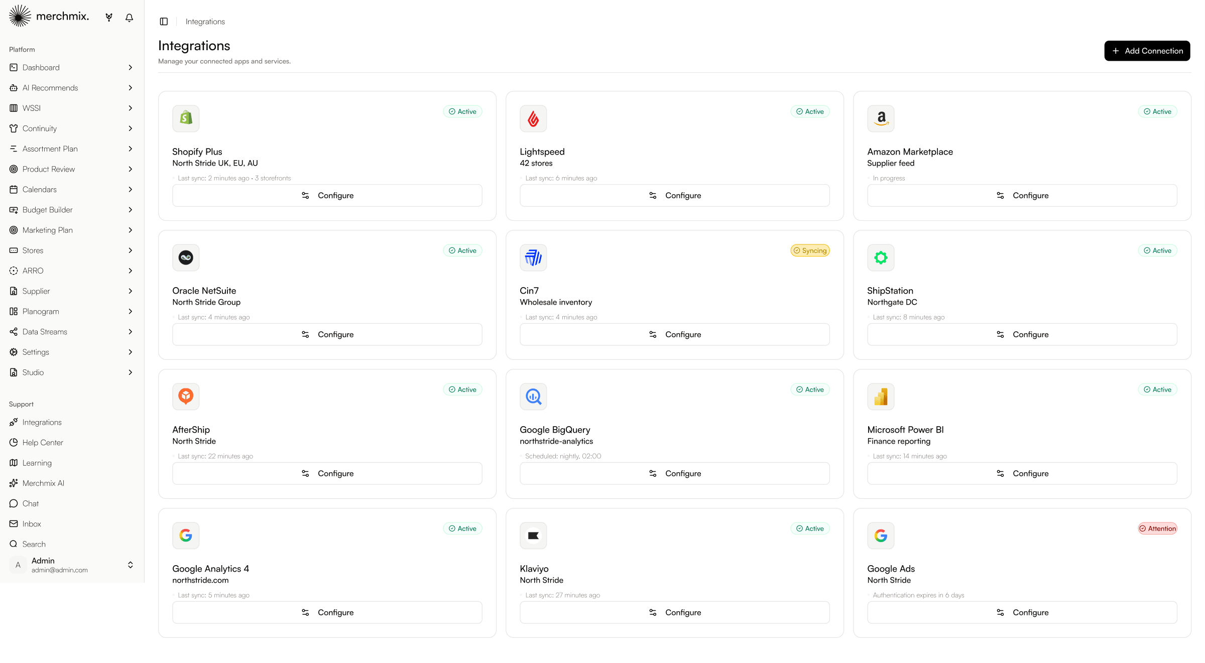The Merchmix Integrations Hub showing twelve connected systems with live status and last sync times