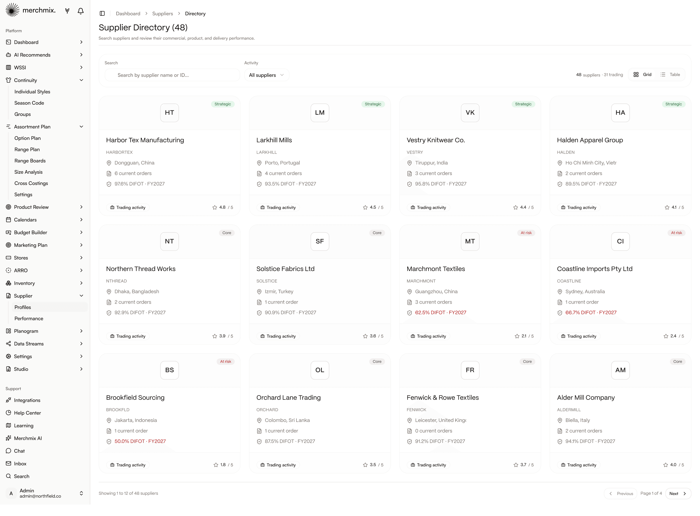 Supplier directory with tier, location, open orders and DIFOT on each supplier card