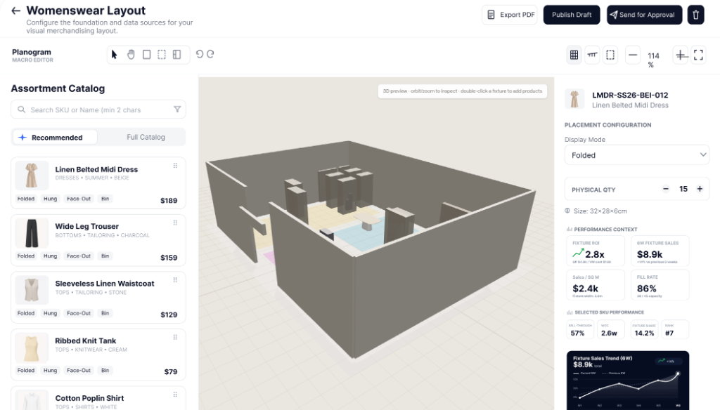 Planogram macro editor showing a 3D store layout with assortment catalog and fixture performance